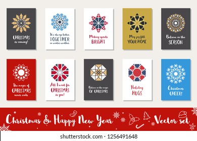 Christmas and Happy New Year greeting cards collection. Winter holidays vector set with mosaic ornamental symbols and text