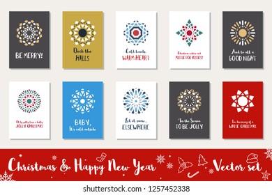Christmas and Happy New Year greeting cards collection. Winter holidays vector set with mosaic ornamental symbols and text