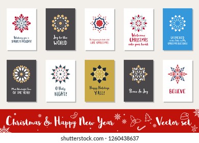 Christmas and Happy New Year greeting cards collection. Winter holidays vector set with mosaic ornamental symbols and text