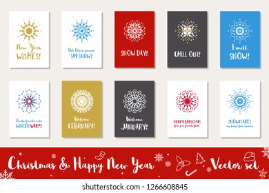 Christmas and Happy New Year greeting cards collection. Winter holidays vector set with circular ornamental symbols and text