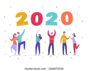 Christmas and Happy New Year greeting card with dancing people characters with 2020 year. Women invite and celebrate, party, winter holidays. Vector illustration for postcard, poster, invitation