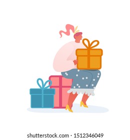 Christmas and Happy New Year greeting card with people characters. Woman with gifts, celebration, party, winter holidays. Vector illustration for postcard, poster, invitation