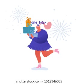 Christmas and Happy New Year greeting card with dancing people characters with 2020 year. Woman with girfts, celebration, party, winter holidays. Vector illustration for postcard, poster, invitation