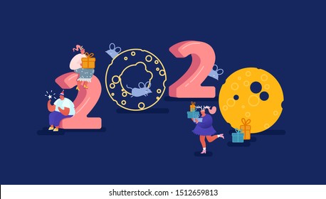Christmas and Happy New Year greeting card with dancing people characters with 2020 year. Women and men celebration, party, winter holidays. Vector illustration for postcard, poster, invitation