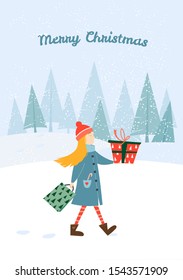 Christmas and Happy New Year greeting card of walking with presents. Winter background and vector illustration with trees and snow