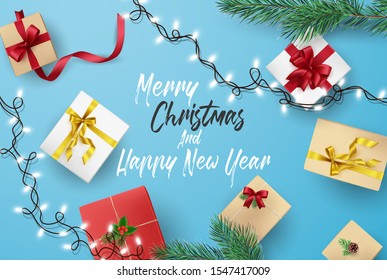 Christmas and Happy new year greeting card Composition of Elements with Christmas Decorations.