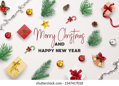 Christmas and Happy new year greeting card Composition of Elements with Christmas Decorations.