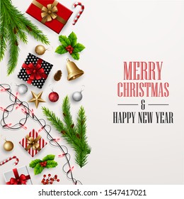 Christmas and Happy new year greeting card Composition of Elements with Christmas Decorations.