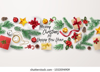 Tarjeta de felicitación Navidad y Feliz Año Nuevo Composición de Elementos con Decoraciones de Navidad.