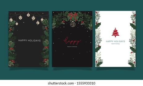 Christmas and Happy New Year greeting cards with handwritten calligraphy and hand drawn decorative elements you can apply to wedding invitation card or cover design Template.