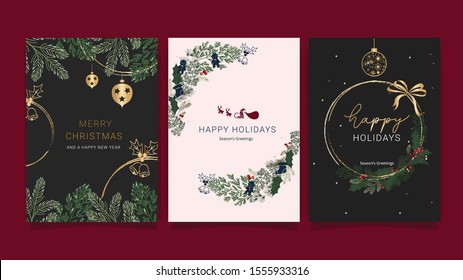 Christmas and Happy New Year greeting cards with handwritten calligraphy and hand drawn decorative elements you can apply to wedding invitation card or cover design Template.