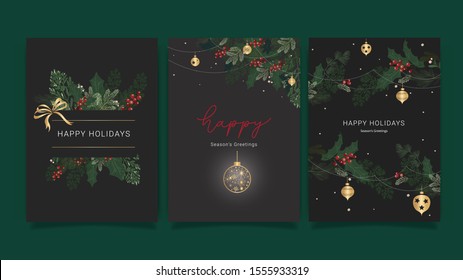 Christmas and Happy New Year greeting cards with handwritten calligraphy and hand drawn decorative elements you can apply to wedding invitation card or cover design Template.