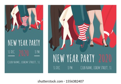 Christmas and Happy New Year greeting card with dancing people. Friends invite and celebrate the coming of the New Year. Vector flat cartoon illustration