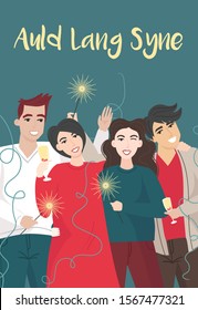 Christmas and Happy new year greeting card design. Group of people sings a song by Robert Burns. Auld Lang Syne. Vector flat cartoon illustration