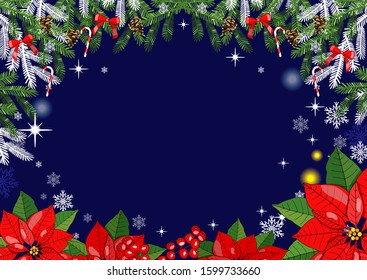 Christmas and Happy New Year greeting card with hand drawn decorative elements.