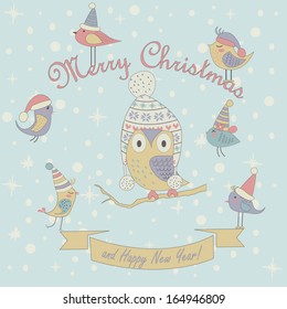 Christmas and Happy New Year greeting card with cute birds and owl in winter caps. Cartoon style.