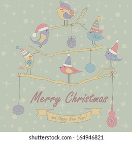 Christmas and Happy New Year greeting card with cute birds in winter caps sitting on branches. 
