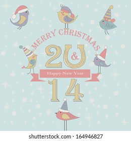 Christmas and Happy New Year greeting card with cute birds in winter caps in cartoon style.