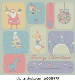 Christmas and Happy New Year greeting set with cute birds and owl in winter caps, hoarse, deer, santa, christmas decoration, christmas trees. Cartoon style.