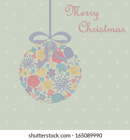 Christmas and Happy New Year greeting card with christmas ball and flowers. 