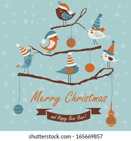 Christmas and Happy New Year greeting card with birds in winder caps sitting on branches.