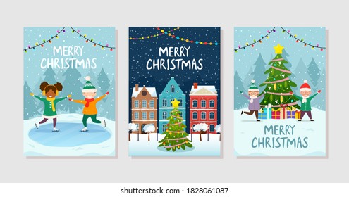 Christmas and Happy New Year greeting cards set. Templates of winter holiday invitations with xmas characters and backgrounds. Vector illustration.