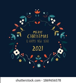 Christmas, Happy New Year Greeting Card with Calligraphic Wishes,Composition of Garland Wreath Mistletoe, Snowfall.Banner Festive Elements. Invitation Picure Winter Holidays. Flyer Vector Illustration