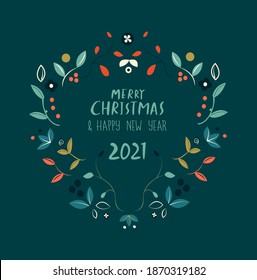 Christmas, Happy New Year Greeting Card with Calligraphic Wishes,Composition of Garland Wreath Mistletoe, Snowfall.Banner Festive Elements. Invitation Picure Winter Holidays. Flyer Vector Illustration