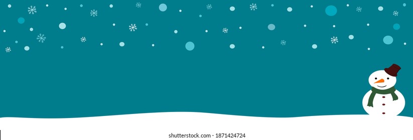 Christmas and Happy New Year greeting vector card template. Winter concept flat landscape with snowman and snoeflakes. Vector Illustration.