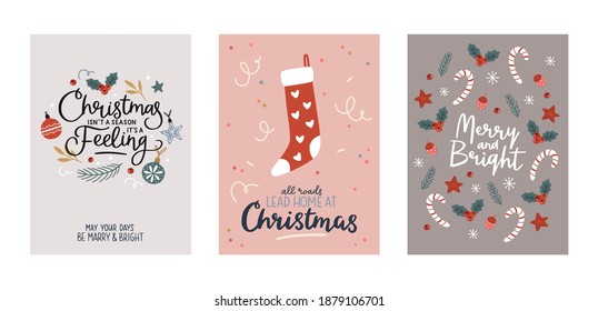 Christmas and Happy New Year greeting cards set with cute holiday elements. Christmas ornaments, socks, holly, cones. Vector hand drawn illustrations. Perfect for poster, banner, cards design. 