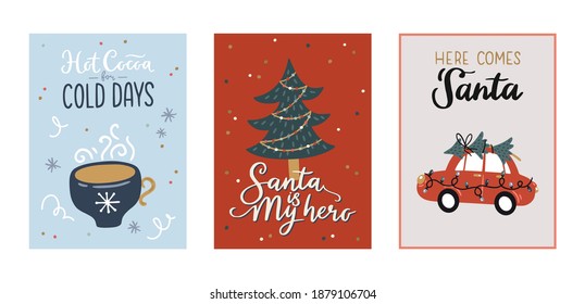 Tarjetas de felicitación de Navidad y Año Nuevo Feliz con adorables elementos de vacaciones. Árbol de Navidad, bebidas calientes, caja de regalo. Ilustraciones dibujadas a mano por vectores. Perfecto para el diseño de afiches, banners y tarjetas. 