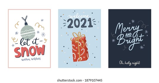Christmas and Happy New Year greeting cards set with cute holiday elements. Vector hand drawn illustrations. Perfect for poster, banner, cards design. 