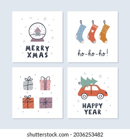 Christmas and Happy New Year Greeting Cards Set. Christmas socks, gifts, snow globe. Cute simple design. Vector illustration.