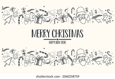christmas and happy new year greeting card,decoration with snow,santa claus,gifts and sweets,festival doodle style,background vector illustration