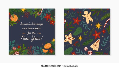 Christmas and Happy New Year greeting banner and seamless pattern.Festive vector layouts with hand drawn traditional winter holiday symbols.Xmas designs for banners,invitations,prints,social media.