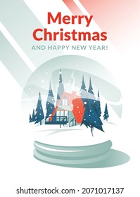 christmas and happy new year greeting horizontal card. Flat cartoon vector illustration. Winter snowball with house in the  forest inside.