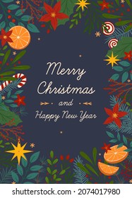Christmas and Happy New Year greeting banner template.Festive vector layout with hand drawn traditional winter holiday symbols.Xmas trendy design for banners,invitations,prints,social media.