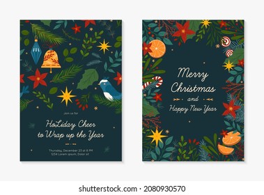 Christmas and Happy New Year greeting banner and party invitation.Festive vector layouts with hand drawn traditional winter holiday symbols.Xmas designs for banners,invitations,prints,social media.