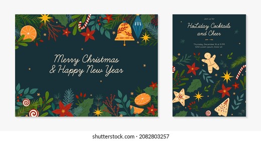 Christmas and Happy New Year greeting banner and party invitation.Festive vector layouts with hand drawn traditional winter holiday symbols.Xmas designs for banners,invitations,prints,social media.