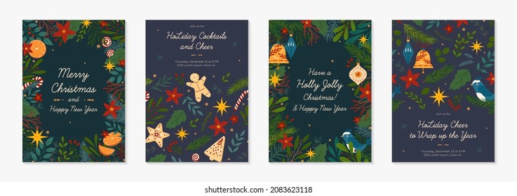 Christmas and Happy New Year greeting banners and party invitations.Festive vector layouts with hand drawn traditional winter holiday symbols.Xmas designs for banners,invitations,prints,social media.