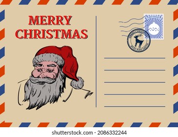 Christmas and Happy New Year greeting holiday postcard, xmas Santa portrait, vintage background. Vector illustration invitation card retro