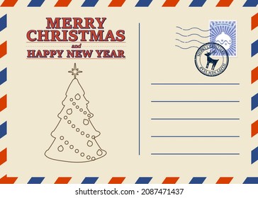Christmas and Happy New Year greeting holiday postcard, old winter xmas tree vintage background. Vector illustration invitation card retro