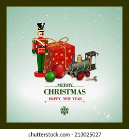 Christmas and a Happy New Year greeting card. Wooden soldier, iron train, gift box  and Christmas balls. Vector