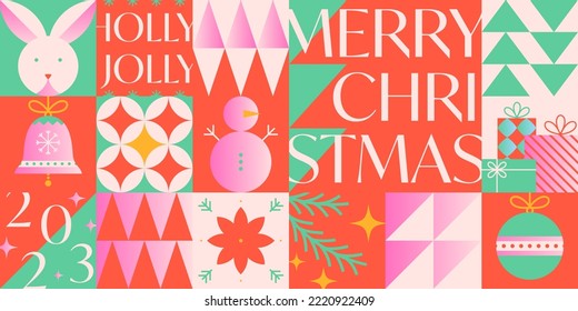 Christmas and Happy New Year greeting banner template.Festive vector background in bauhaus style with traditional winter holiday symbols.Xmas trendy design for branding,invitations,prints,social media