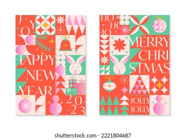 Christmas and Happy New Year greeting banners templates.Festive vector backgrounds in bauhaus style.Traditional winter holiday symbols.Xmas trendy designs for branding,invitations,prints,social media