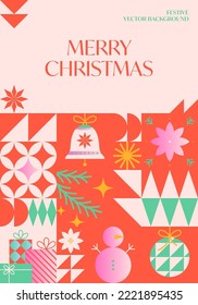 Christmas and Happy New Year greeting banner template.Festive vector background in bauhaus style with traditional winter holiday symbols.Xmas trendy design for branding,invitations,prints,social media