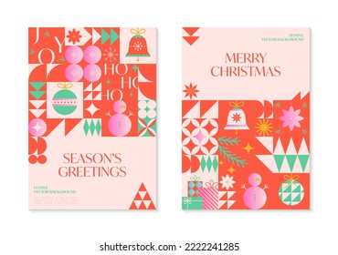 Christmas and Happy New Year greeting banners templates.Festive vector backgrounds in bauhaus style.Traditional winter holiday symbols.Xmas trendy designs for branding,invitations,prints,social media