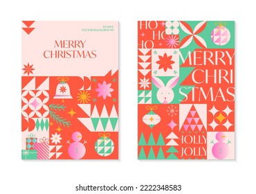 Christmas and Happy New Year greeting banners templates.Festive vector backgrounds in bauhaus style.Traditional winter holiday symbols.Xmas trendy designs for branding,invitations,prints,social media