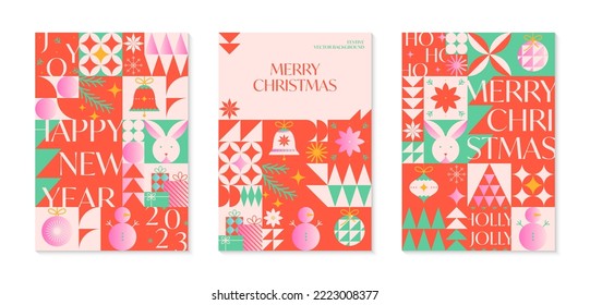 Christmas and Happy New Year greeting banners templates.Festive vector backgrounds in bauhaus style.Traditional winter holiday symbols.Xmas trendy designs for branding,invitations,prints,social media