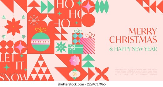 Christmas and Happy New Year greeting banner template.Festive vector background in bauhaus style with traditional winter holiday symbols.Xmas trendy design for branding,invitations,prints,social media